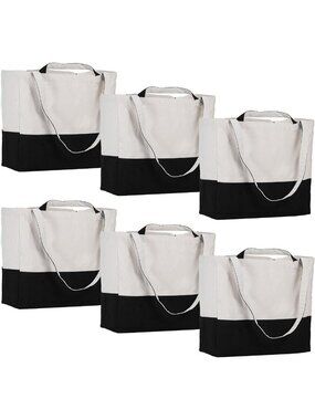 6 Pack Reusable Canvas Grocery Bags - Long Strap & Short Handle, Black